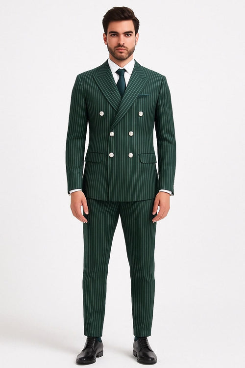 Alberto Nardoni men's green pinstripe double-breasted suit. Tailored jacket: deep green, narrow white stripes, peak lapels, large buttons, two pockets. Slim-fit trousers, smooth fabric.