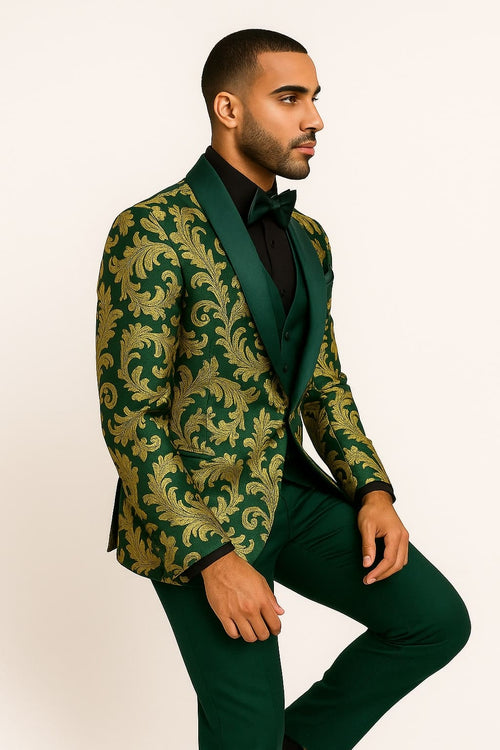 Mens Green and Gold Embroidered Tuxedo – 3-Piece Prom Suit