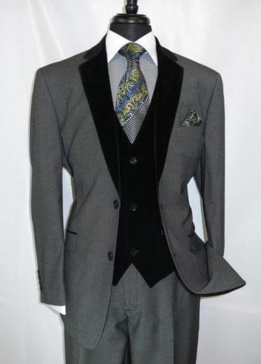 Black Suit Gray Vest Mens Velvet Suit Two Button Grey Velour Vested Side Vents Tuxedo Black 2 toned Suit