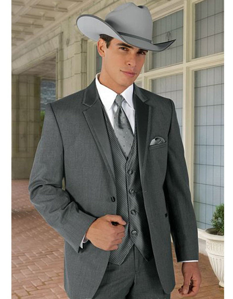 Men's grey western tuxedo with notch lapel and tie