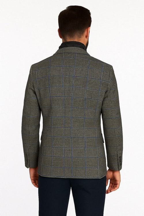 Mens Grey and Blue Glen Check Wool Blazer with Quilted Inner Layer