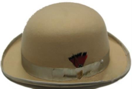 Beige derby bowler hat crafted from 100% wool. Features a rounded crown, narrow flat brim, and a decorative hatband at the base.