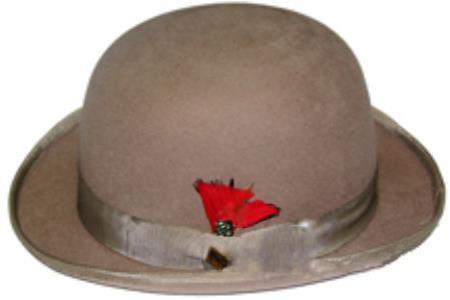 Taupe bowler hat crafted from 100% wool. Rounded crown, wide brim, and satin ribbon base. Features a small red feather and decorative accents.