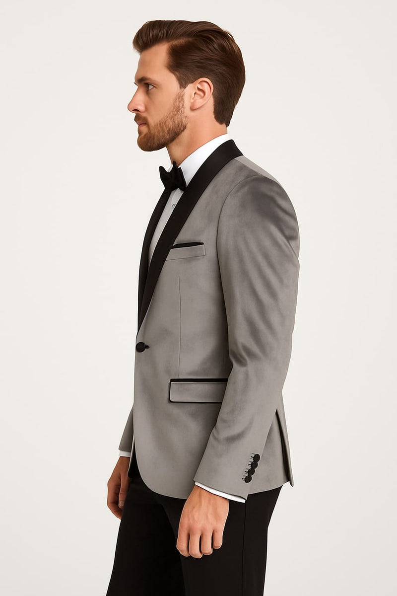 Mens Light Gray Velvet Tuxedo Jacket Slim Fit Shawl Lapel Formal Blazer + Black Pants Included