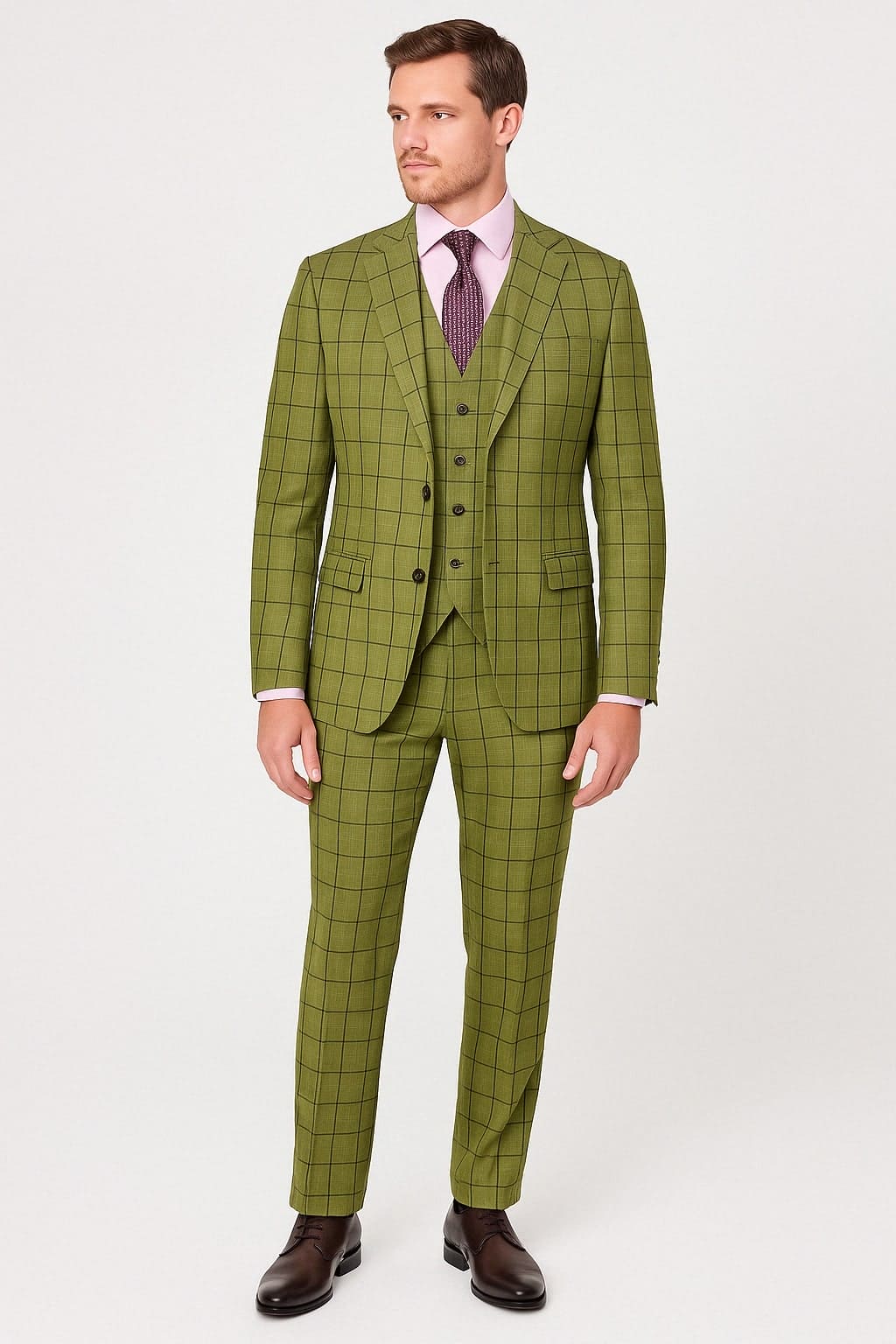 Mens Light Olive Green Three-Piece Plaid Suit with Notch Lapel - Sage Green Windowpane Pattern
