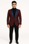 Mens Maroon Tuxedo Jacket with Blue Satin Shawl Lapel – Slim Fit Formal Blazer in Burgundy and Navy Blue