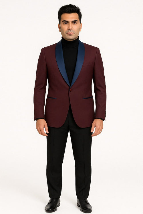 Mens Maroon Tuxedo Jacket with Blue Satin Shawl Lapel – Slim Fit Formal Blazer in Burgundy and Navy Blue