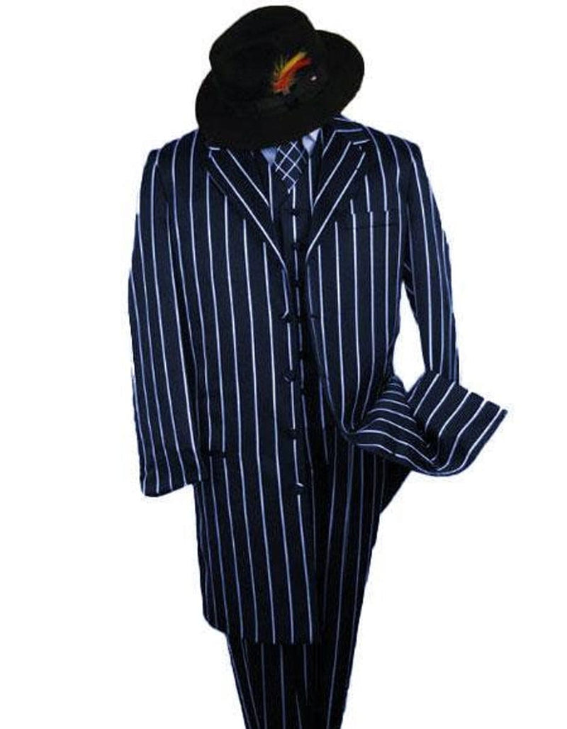 Mens Gangster Long Zoot Suit in Navy & White Chalk Stripe
