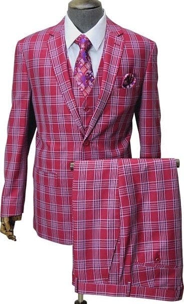 Men's red plaid three-piece suit. Bold checkered pattern with vest, matching pants, and lapel. Smooth, shiny material.