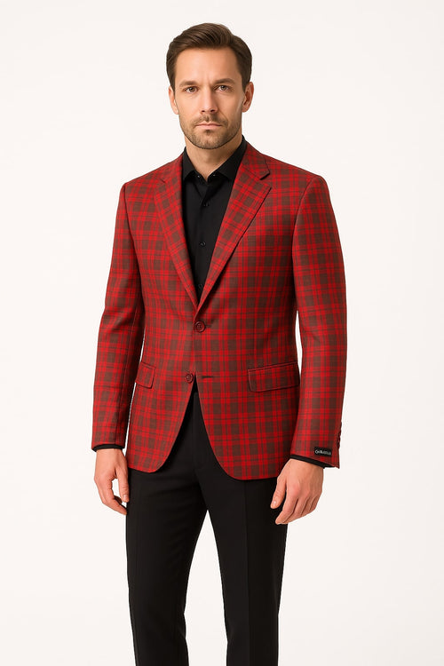 Alberto Nardoni men's red plaid blazer with black windowpane check. Modern fit, two-button front, notched lapels, side pockets, buttoned cuffs. Fitted, contemporary silhouette.