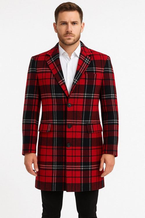 Mens Red and Black Plaid Wool Overcoat with Notch Lapel