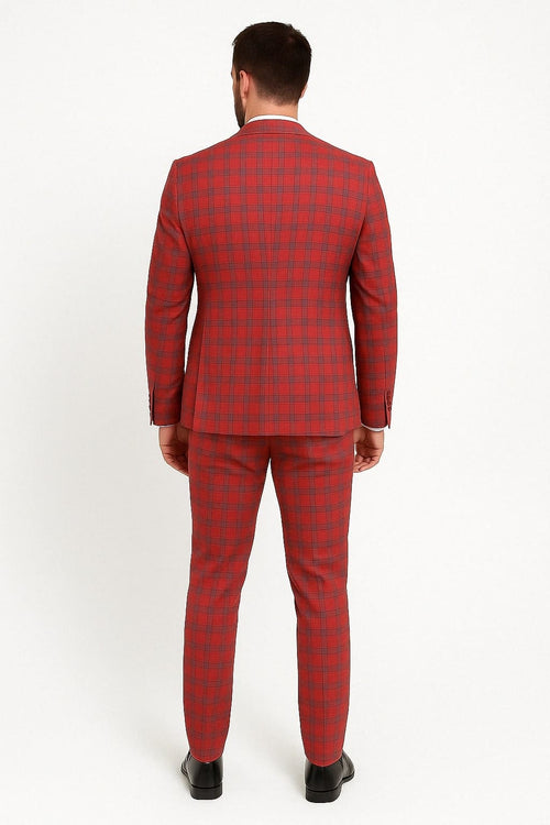 Mens Red and Grey Plaid 3-Piece Suit with Vest - Modern Fit Peak Lapel By Dominique Wilson