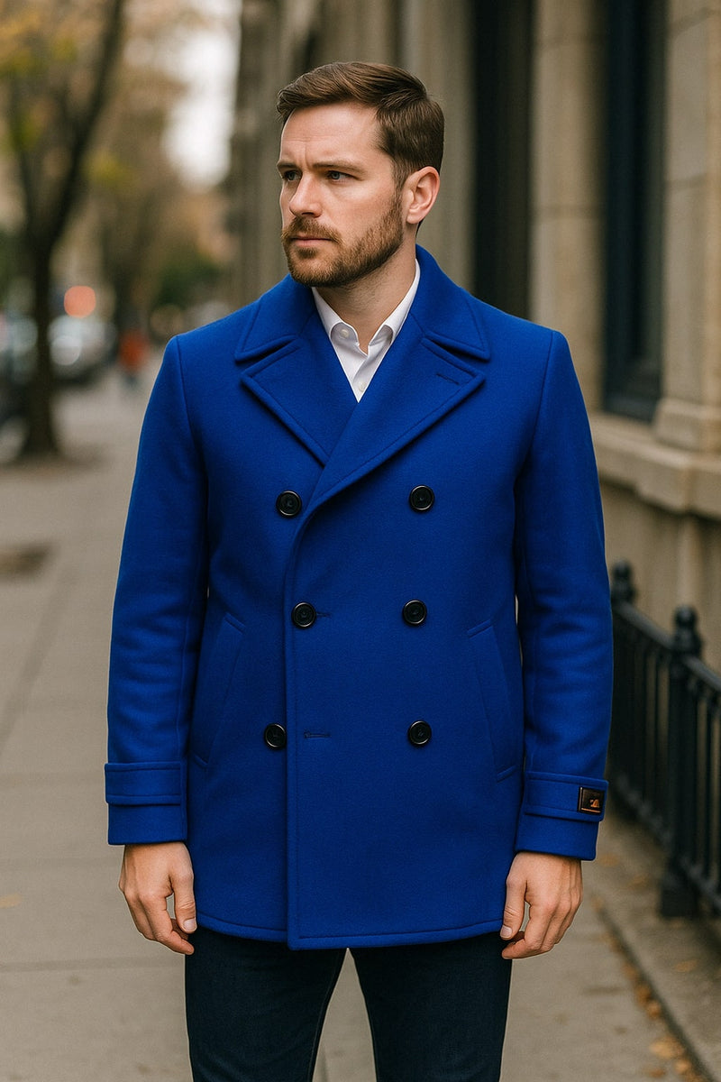 Royal blue men's double-breasted wool peacoat. Structured silhouette, wide lapels, six black buttons. Thick wool, side pockets, and tailored sleeves with cuff detail.