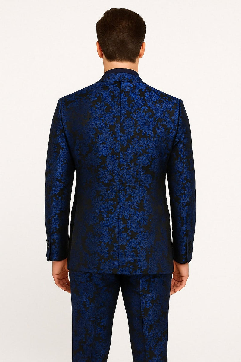Men’s Royal Blue Metallic Floral Suit – Black Background Two-Piece Set