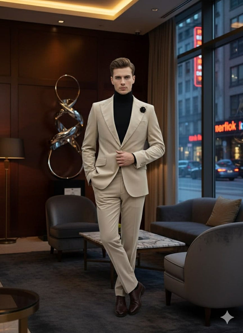 Men's sand beige velvet tuxedo suit: slim fit blazer (notch lapel, single-breasted) and flat-front pants. Winter fabric. Consistent color for a streamlined silhouette.