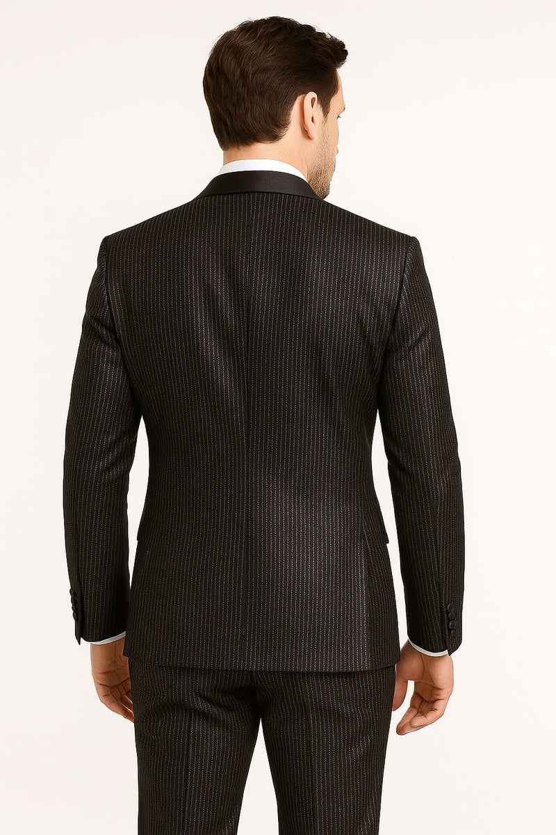 Men's black glitter tuxedo with satin shawl lapel. Fitted shape, vertical pinstripes, and shimmering fabric. A formal and eye-catching design.