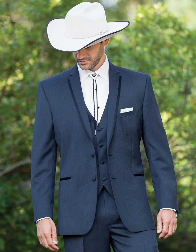Men Two Button Vested Satin Trim Lapel Cowboy Tuxedo in Navy