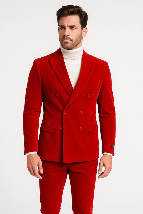 Mens Slim Fit Red Velvet Double Breasted Suit with Peak Lapel – Formal Tuxedo Style