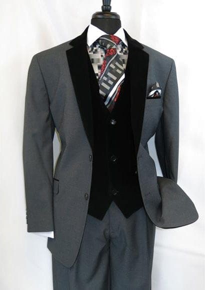 Men's Two Button Black Velour Velvet Suit Vested Side Vents Tuxedo Black 2 toned Suit