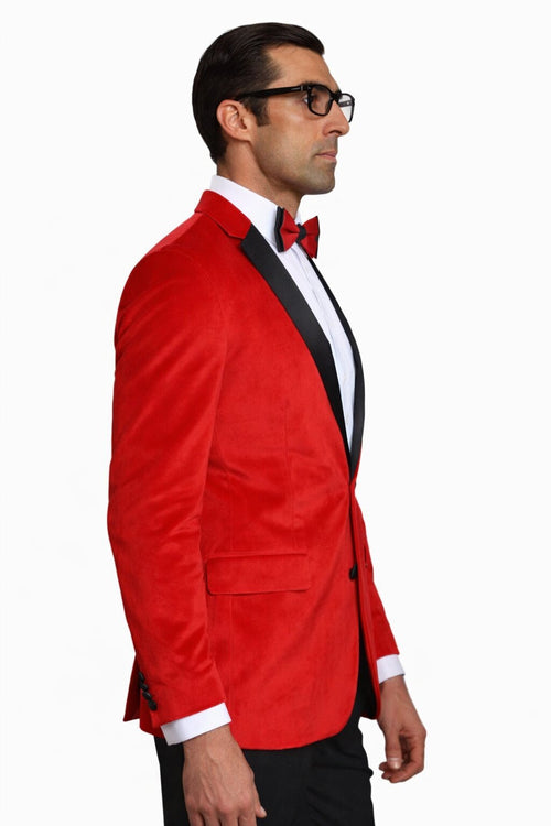 Holiday Suit - Christmas Suit - Christmas Blazer Men's Red Velvet Fabric Black Lapeled Tuxedo Discounted Cheap Priced Velour Blazer Jacket For Men Sportcoat Jacket On Sale - Red Tuxedo