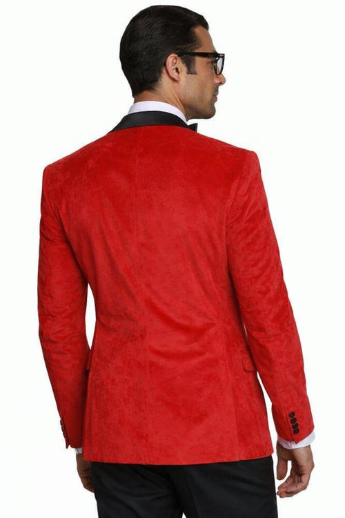 Holiday Suit - Christmas Suit - Christmas Blazer Men's Red Velvet Fabric Black Lapeled Tuxedo Discounted Cheap Priced Velour Blazer Jacket For Men Sportcoat Jacket On Sale - Red Tuxedo