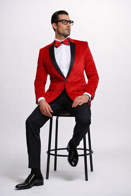 Holiday Suit - Christmas Suit - Christmas Blazer Men's Red Velvet Fabric Black Lapeled Tuxedo Discounted Cheap Priced Velour Blazer Jacket For Men Sportcoat Jacket On Sale - Red Tuxedo