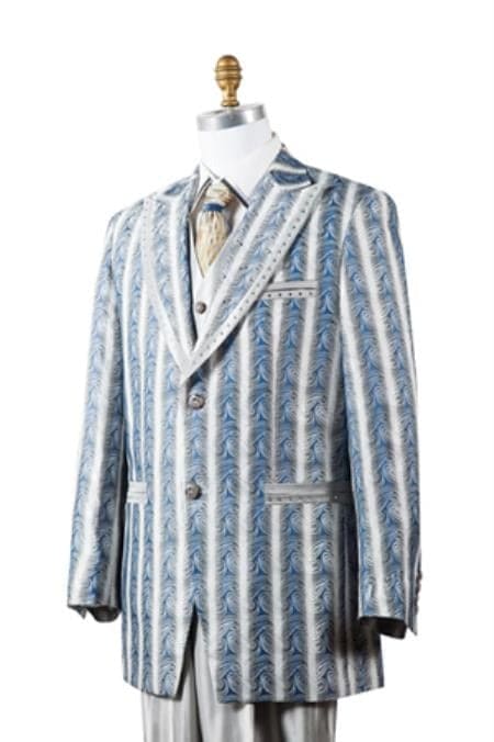 Men’s Unique Blue Artistic Stripe Pinstripe 3-Piece Suit – 2 Button Vested with Trimmed Pleated Pants