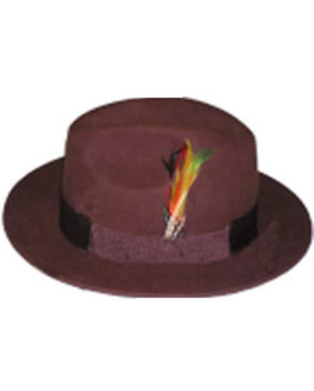 Men's rust-colored fedora crafted from wool. It has a flat crown, wide brim, and decorative band. Features a multi-colored feather accent.