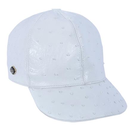White ostrich leather baseball cap. Smooth surface with textured dots. Rounded crown, stiff bill. Metallic side emblem for detail.