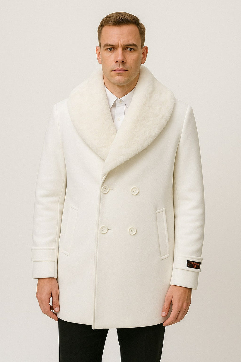 Men's white peacoat: double-breasted, large buttons, wide collar. Heavy fabric (likely wool), side pockets. Classic design for warmth and style.