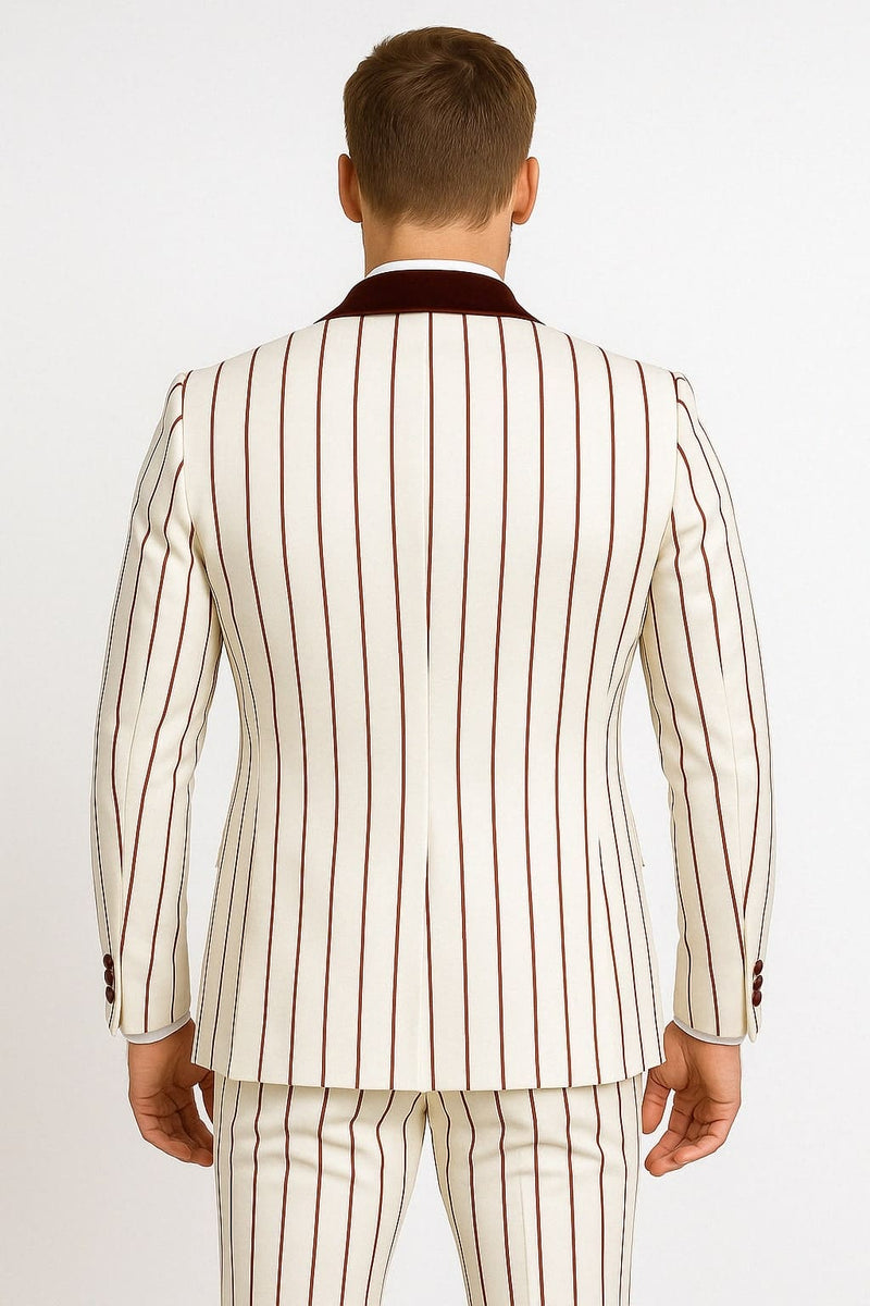 Mens White and Burgundy Pinstripe Tuxedo with Velvet Shawl Lapel and Matching Bow Tie