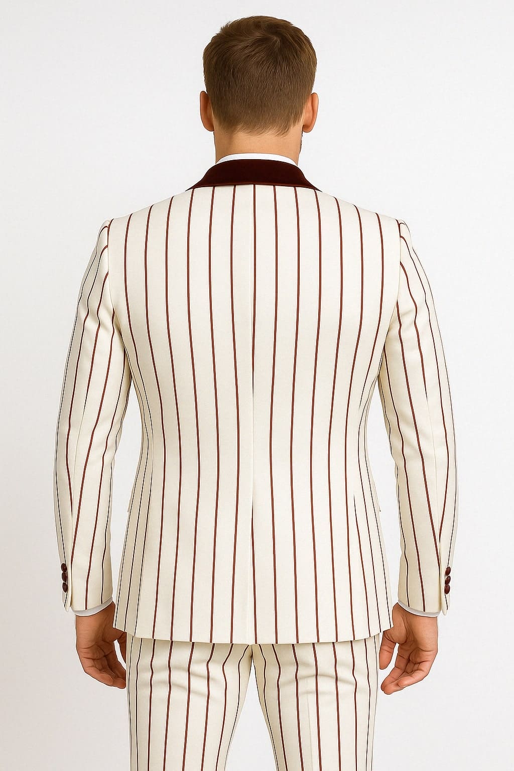 Mens White and Burgundy Pinstripe Tuxedo with Velvet Shawl Lapel and Matching Bow Tie