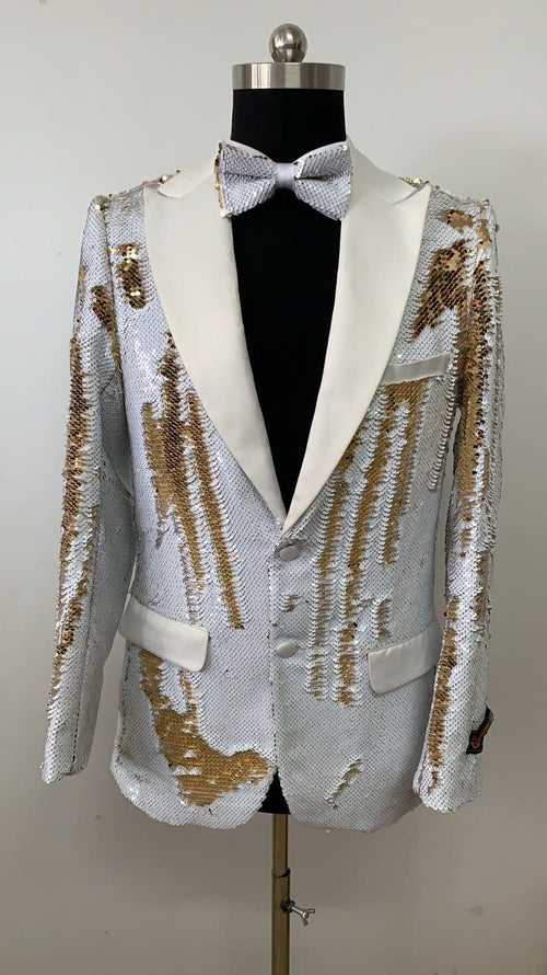 Mens White and Gold Reversible Sequin Tuxedo Jacket with Satin Lapel and Matching Bow Tie
