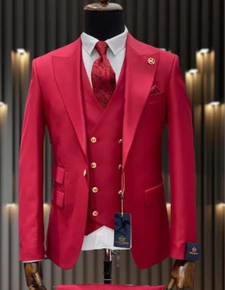 Men's Designer One Button Peak Lapel Vested Wool Suit in Tan & Gold Windowpane Plaid main image 0