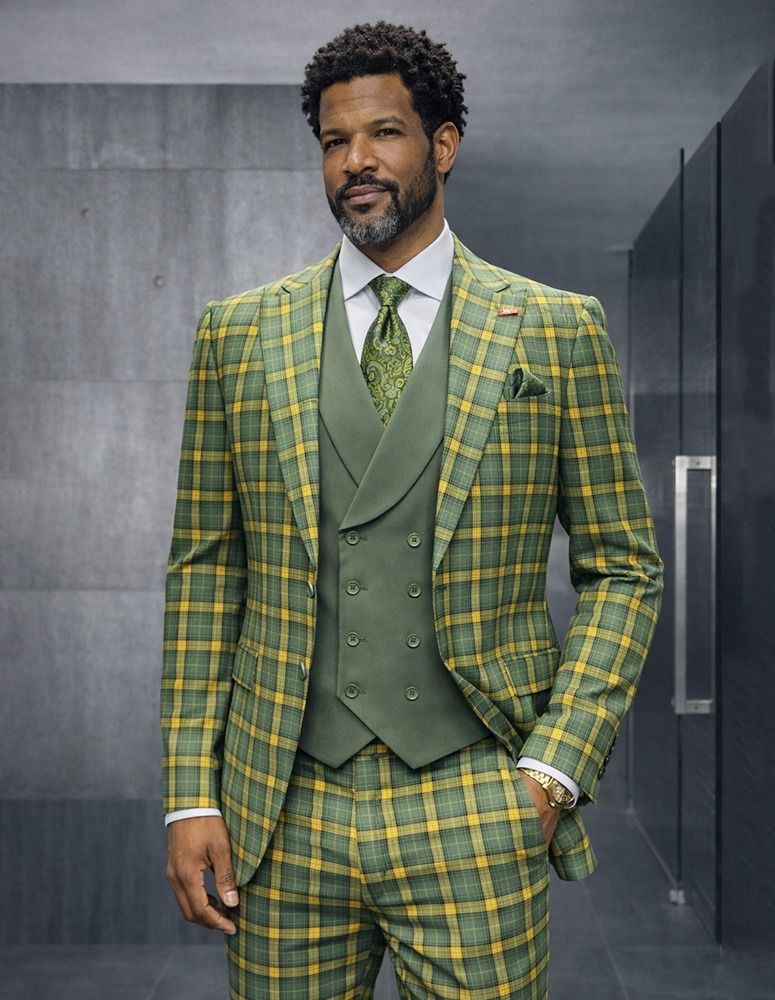 Statement Mens Modern Fit 3 Piece 100% Super 200s Wool Windowpane Plaid Suit – Double Breasted Vest