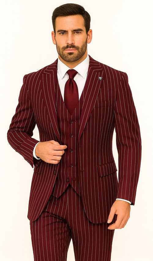 Mens 2 Button Vested 3 Piece Gangster Bold Pinstripe Suit in Burgundy