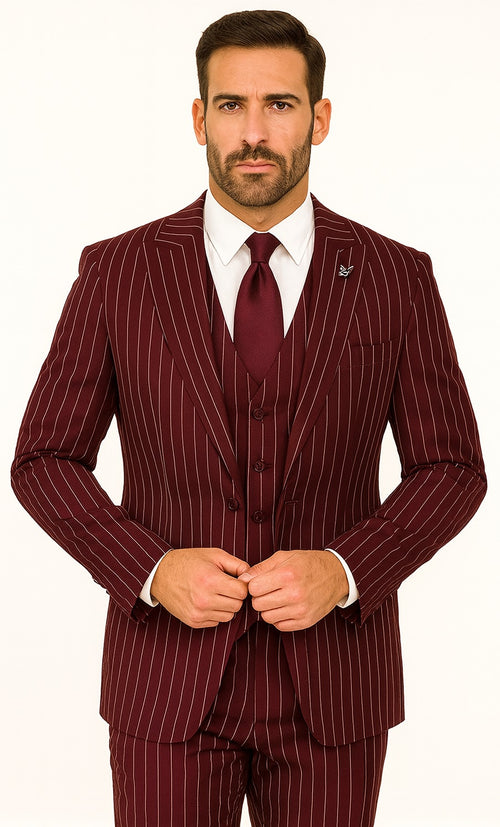 Mens 2 Button Vested 3 Piece Gangster Bold Pinstripe Suit in Burgundy
