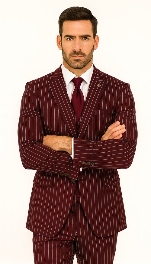Mens 2 Button Vested 3 Piece Gangster Bold Pinstripe Suit in Burgundy