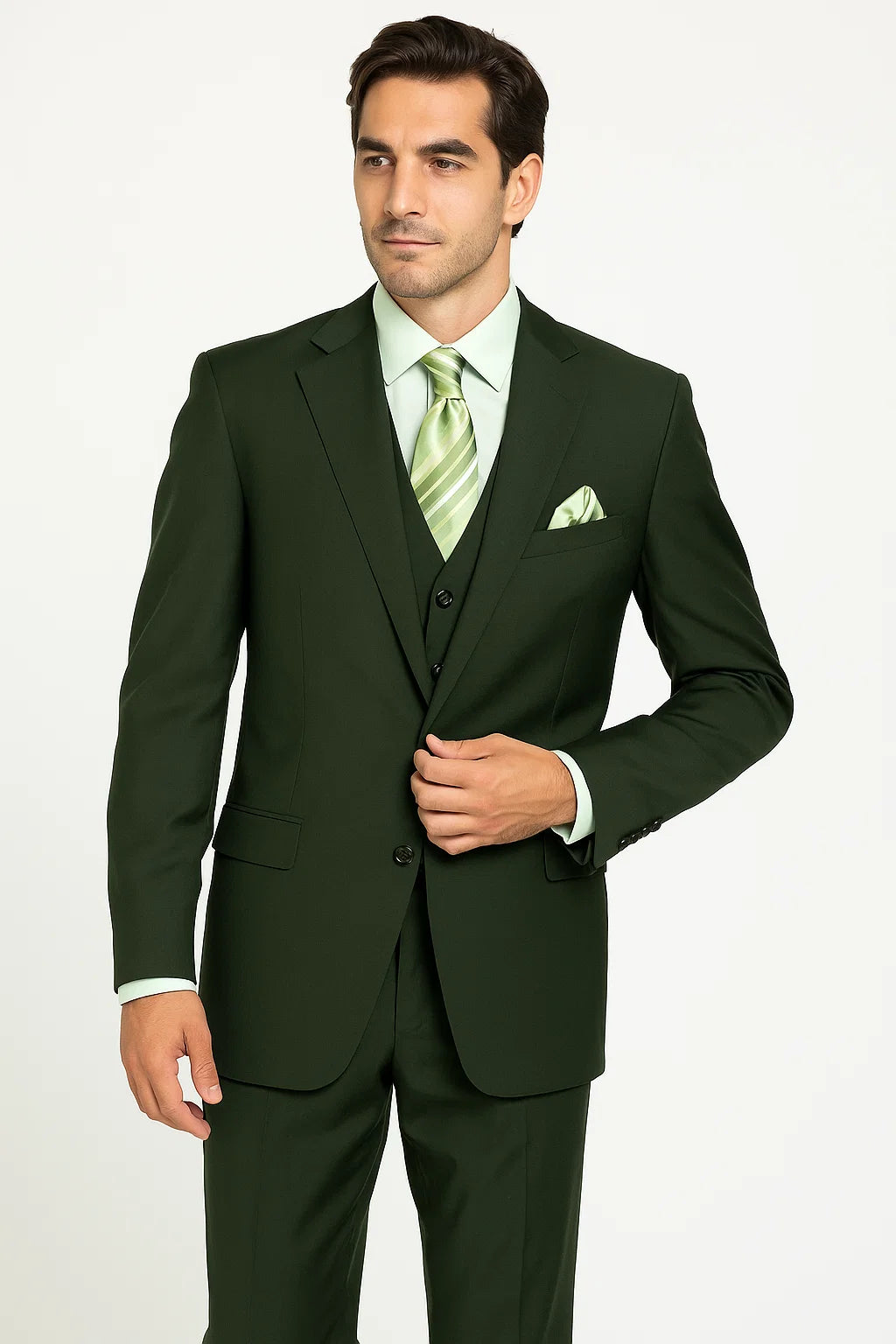 Mens 2 Button Vested Basic Wool Feel Suit in Olive