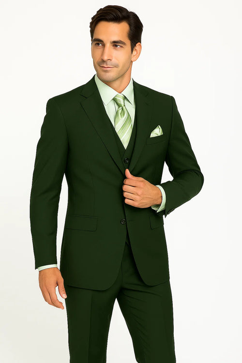 Mens 2 Button Vested Basic Wool Feel Suit in Olive