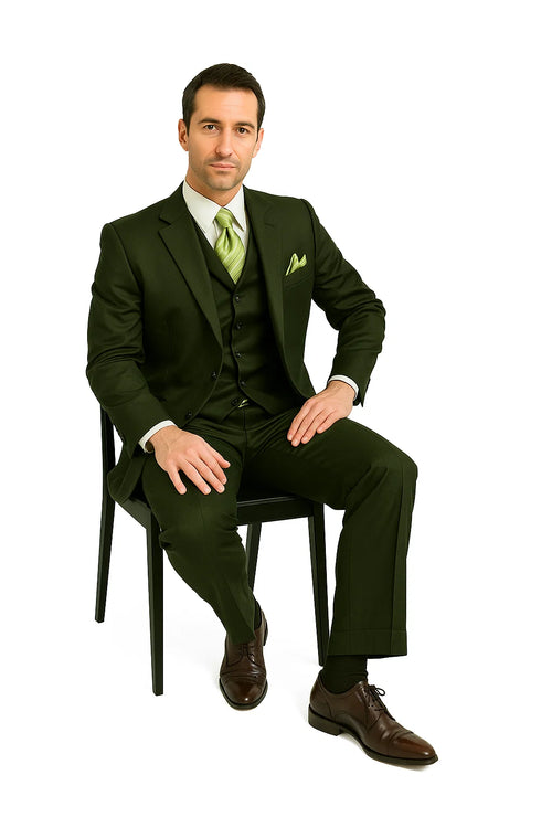 Mens 2 Button Vested Basic Wool Feel Suit in Olive
