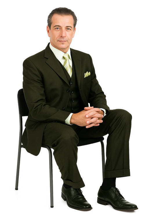 Mens 2 Button Vested Basic Wool Feel Suit in Olive