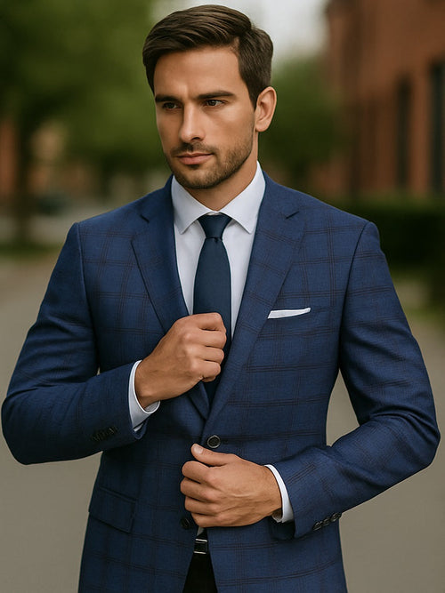 Mens Blue And Black Plaid Sport Coat