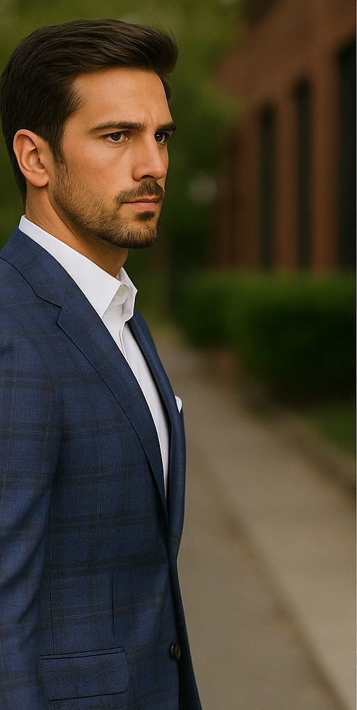 Mens Blue And Black Plaid Sport Coat