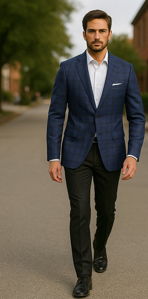 Mens Blue And Black Plaid Sport Coat