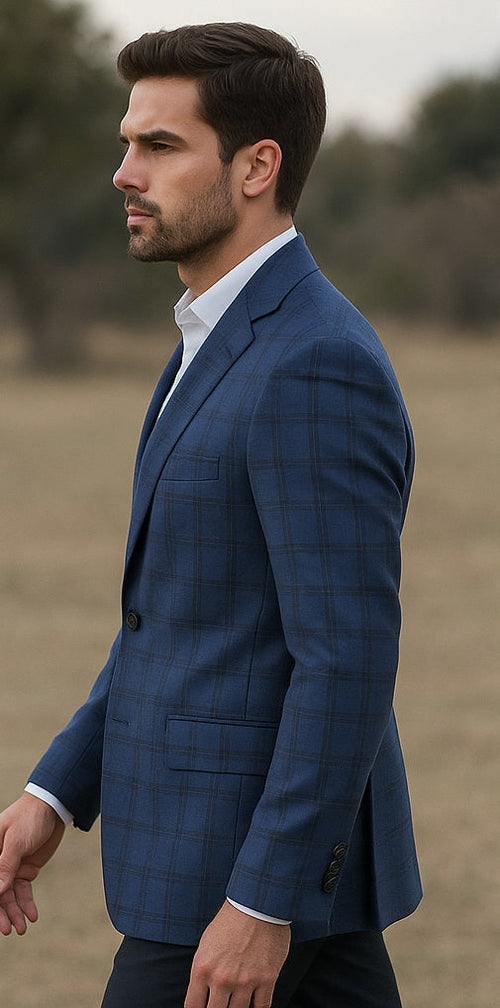 Mens Blue And Black Plaid Sport Coat
