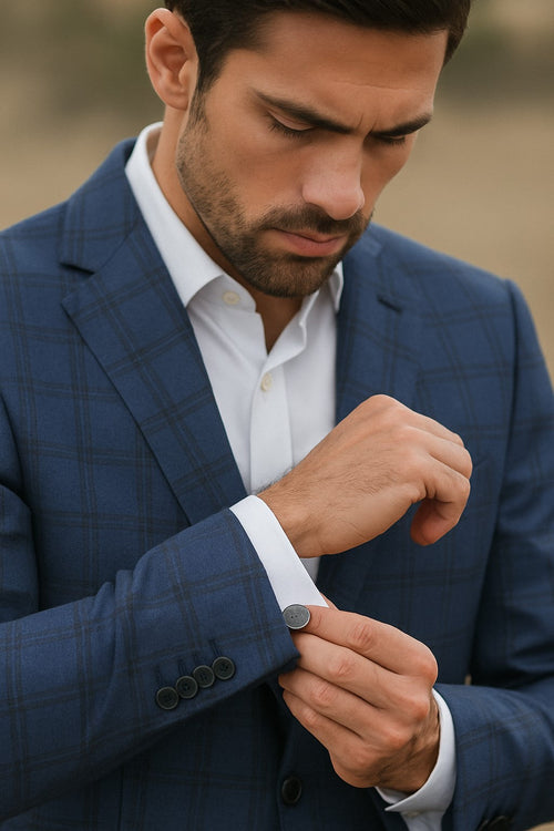 Mens Blue And Black Plaid Sport Coat