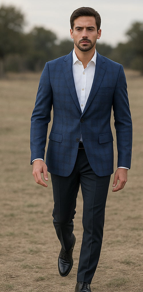 Mens Blue And Black Plaid Sport Coat