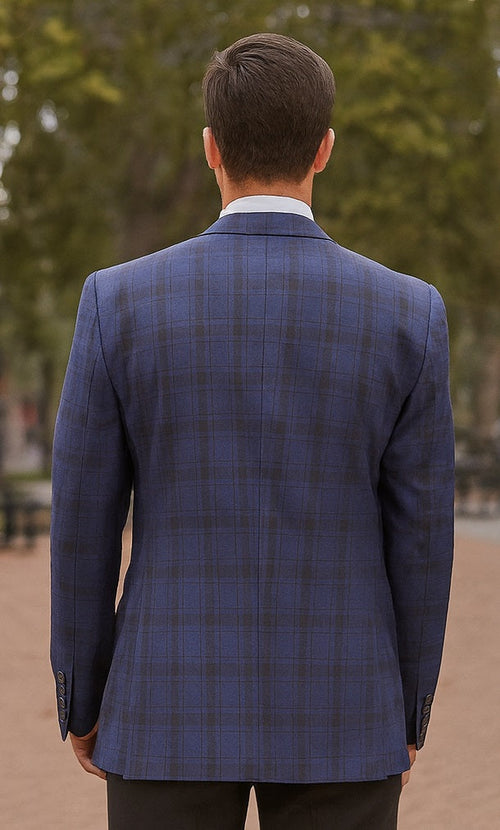 Mens Blue And Black Plaid Sport Coat