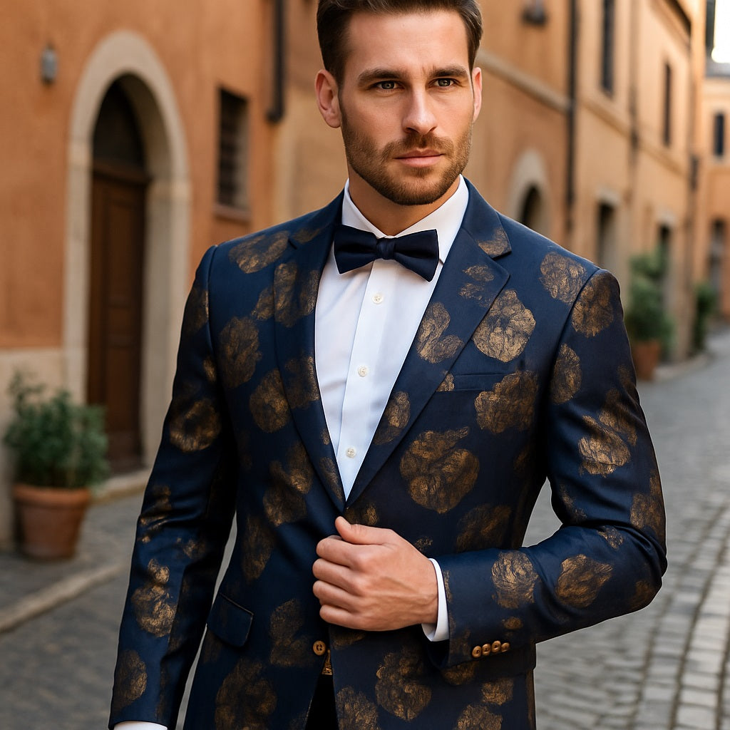 Mens Navy Blue And Gold 2 Button Foil Floral Paisley Prom And Wedding Blazer | Alberto Nardoni Mens Navy Blue And Gold 2 Button Foil Floral Paisley Prom And Wedding Blazer | Alberto Nardoni